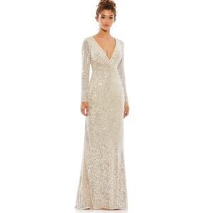 NWT Mac Duggal Silver Sequin Ruched Long Sleeve Column Gown Dress sz US 4 Glams
